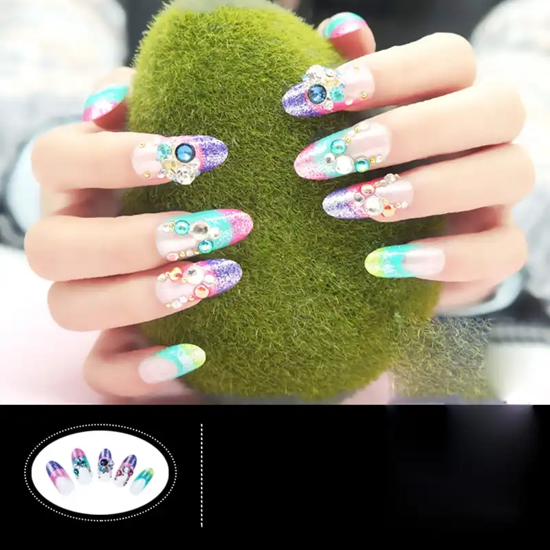 24pcs Gradient Rainbow Acrylic Nails Long 3d Crystal Artificial