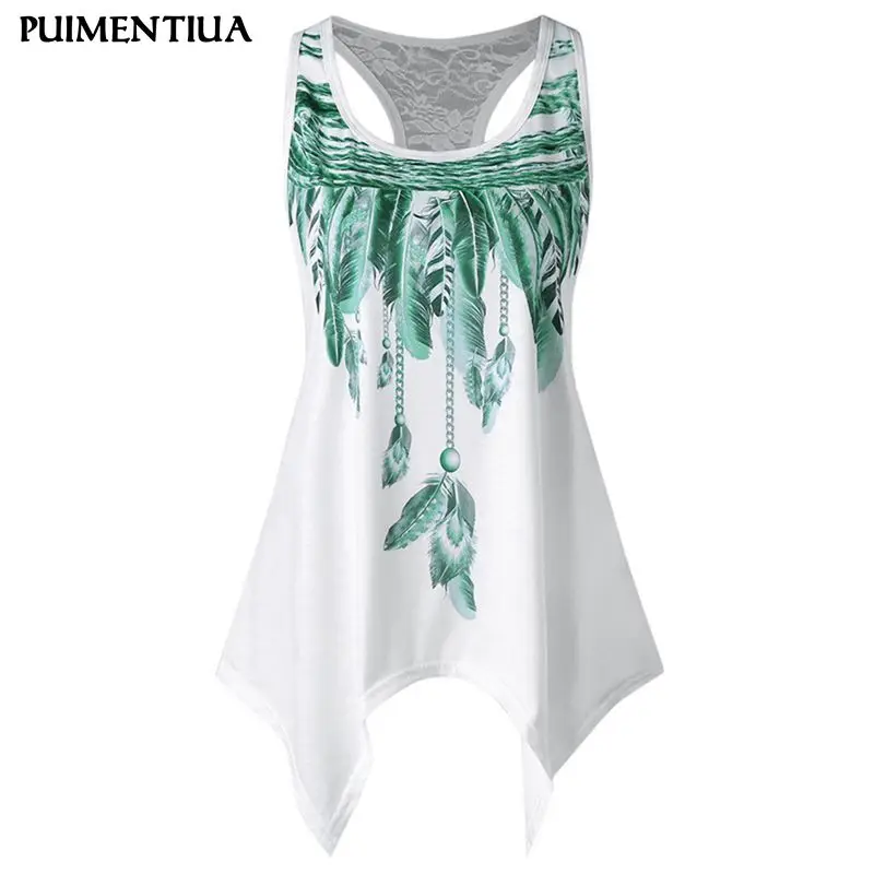 

Puimentiua Summer Sleeveless Loose T-Shirt Women Feather Print Lace Patchwork Shirt Female Casual Tunic Tanks T-Shirt