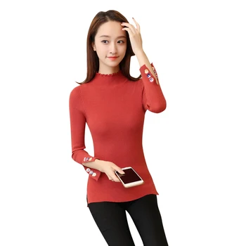 

new women long sleeve split embroidered sweater knit render unlined upper garment solid basic clothes girl knitwear bodycon