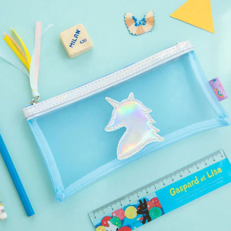 

1 Piece Lytwtw's Simple Transparent Mesh Pencil Case Office Student Cases Nylon Unicorn Pencil Bag School Supply Stationery