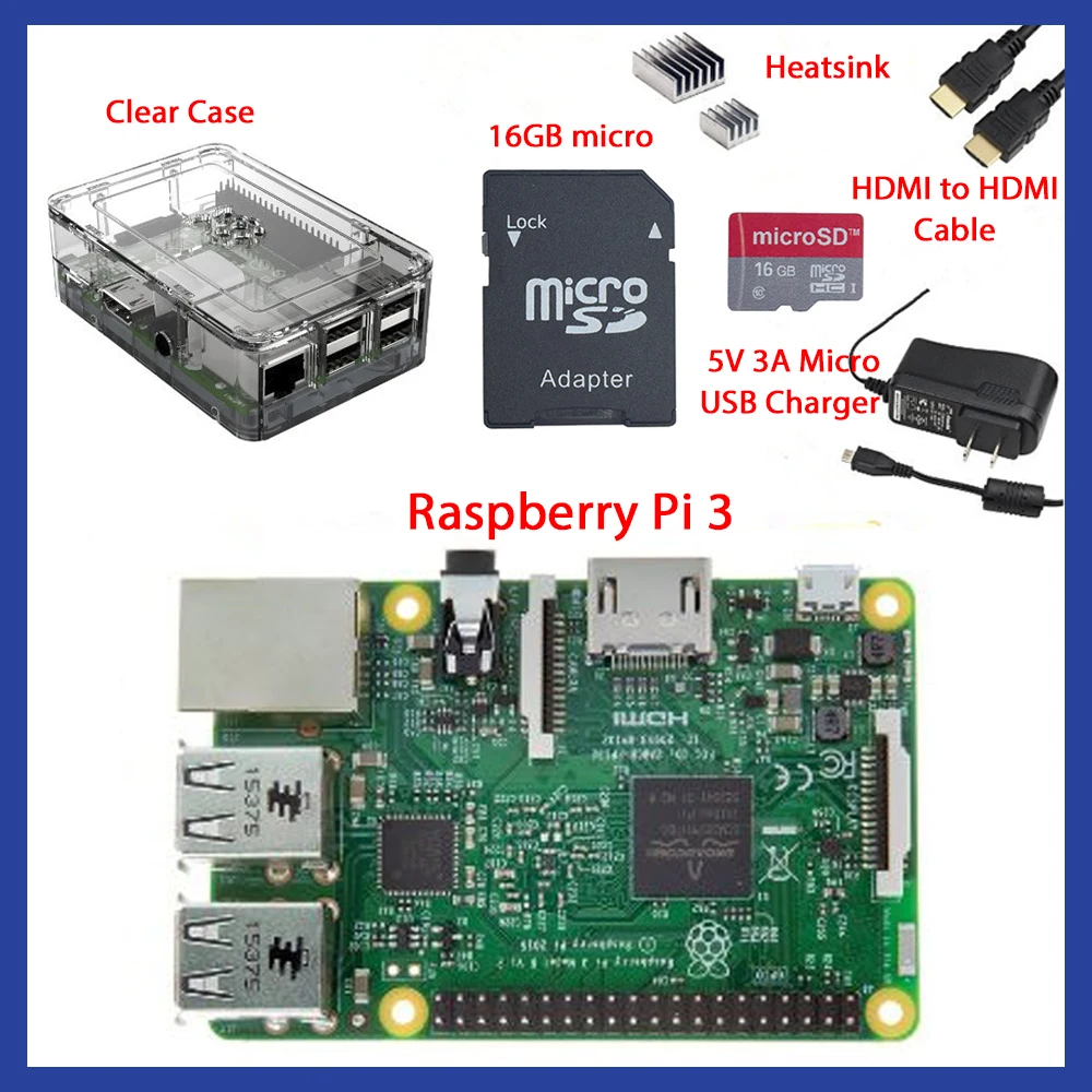 

EU standard power adapter Complete Starter Kit Clear Case 16GB with Noobs Heatsink Edition for Raspberry Pi 3
