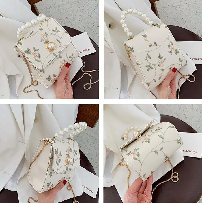 Hot Floral Embroidery Handbag Purse Handbag Pearl Chain Tote Bag Leather Messenger Bags Crossbody Clutch Bag