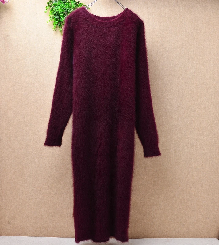 

Export tail top quality small size women long fluffy slim mink cashmere long sleeves angora fur pullover sweater knitwear dress