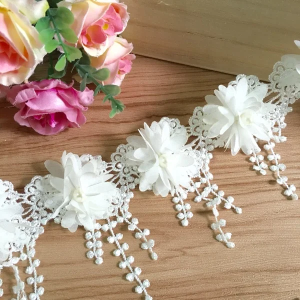 1Yard(15Pcs Flower) 8CM 3D Chiffon Rose Lace Trim Flower With Pearl Wedding Dress Deco Tassel Patch DIY Craft lace garment accessories lace sewing supplies lace decoration lace accessories lace sewing accessories clothing accessories