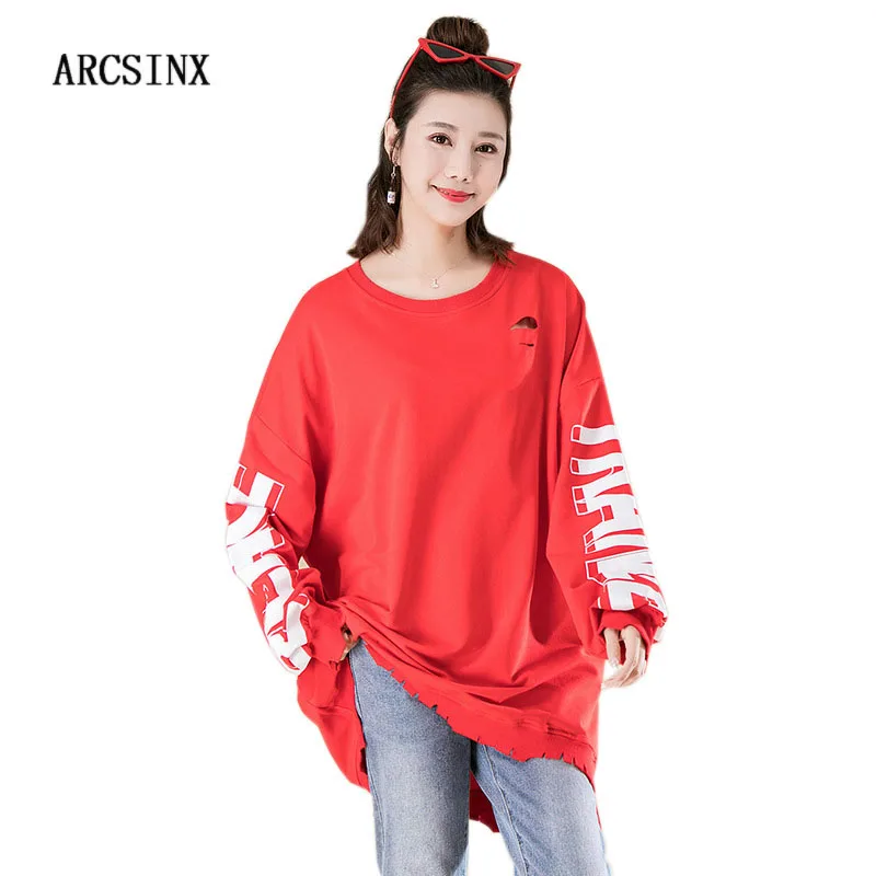 ARCSINX Harajuku T shirt Women Cotton Big Size Red Korean Long Sleeve T Shirt Women Hole Oversized T-Shirt Women's Plus Size