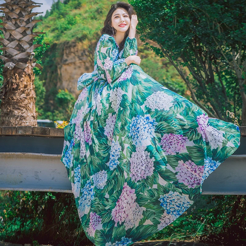 

2019 Spring New Fashion Women Dress O-neck Puff Sleeve Floral Chiffon Green Maxi Dress Stylish Bohemian Dress Vestido Robe Femme