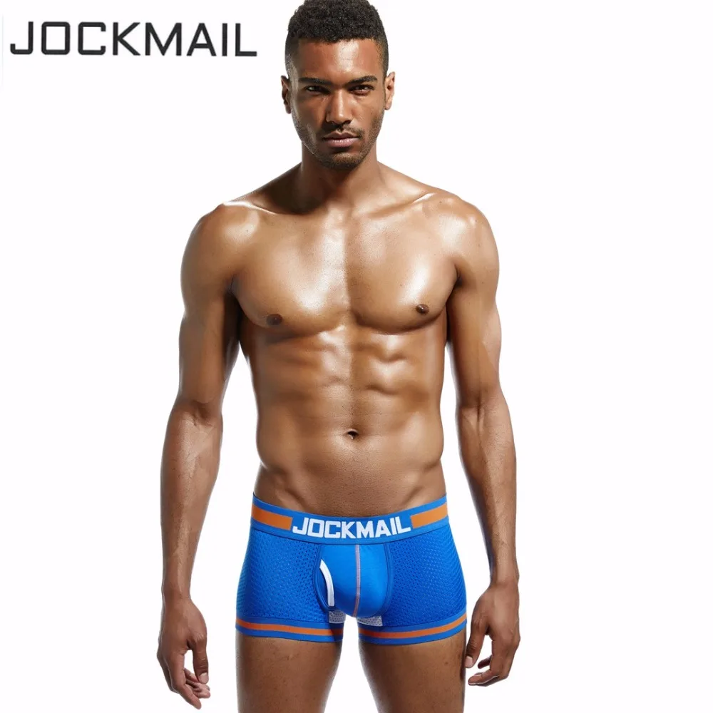 JOCKMAIL Марка мужское нижнее белье, боксеры, спортивные шорты, легкие, с Шорты нейлоновая сетка шорты cueca сексуальный бренд, легкие, с мешочком для пениса, бумажный стаканчик Мужской трусики для геев