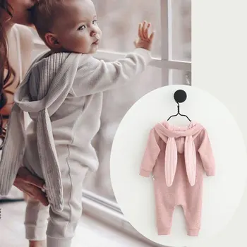 

Cute Newborn Baby Boy Girl Bunny Ear Zipper Hooded Romper Jumpsuit Outfits Spring Autumn Clothes 0-24M