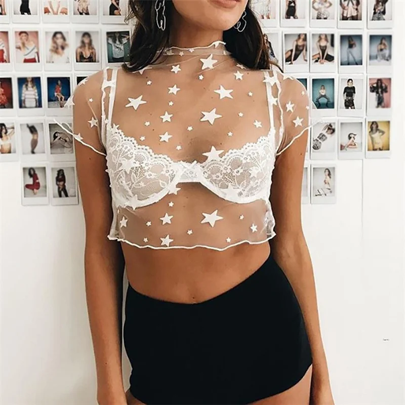 

2019 See Through Crop Top Women Short Sleeve Fishnet Turtle Mesh Star Print Camisole Loose Casual Top