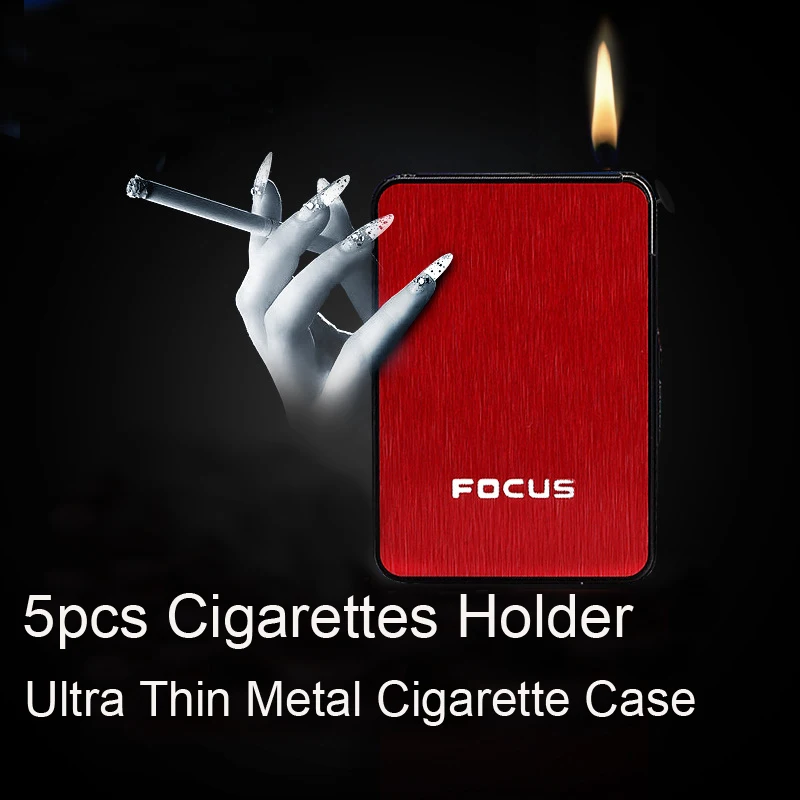 

Ultra thin metal cigarette box case 5pcs Cigarettes Holder Automatic Storage Box butane gas lighter