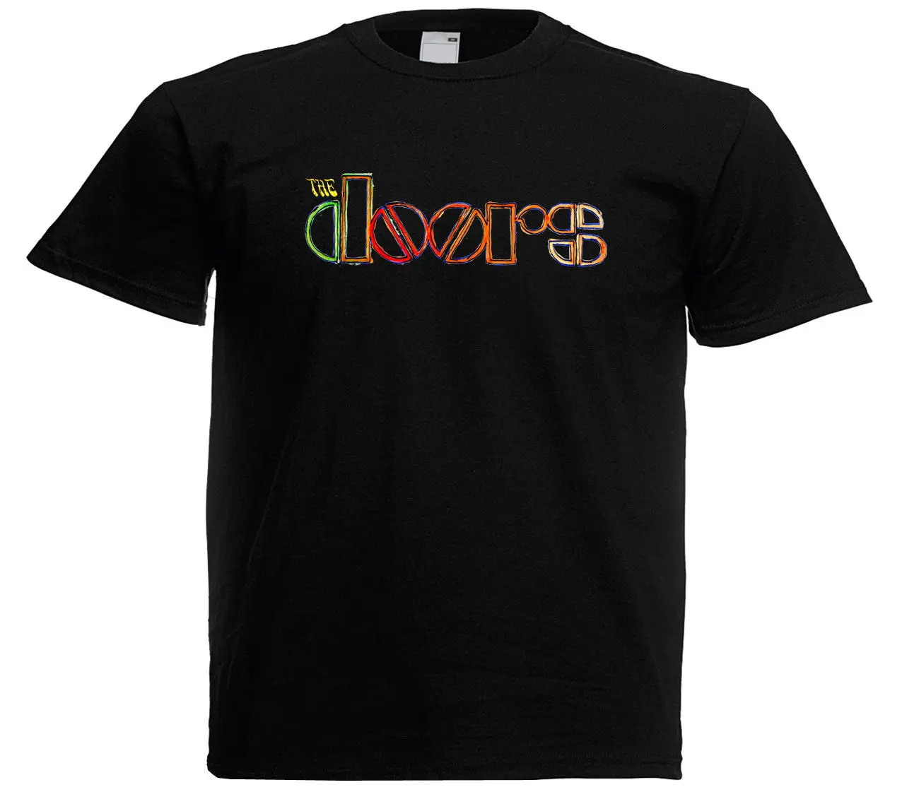 

THE DOORS COLORFUL PSYCHEDELIC LOGO JIM MORRISON WOODSTOCK ERA ON BLACK T-shirt Men Summer Short Sleeves T Shirt