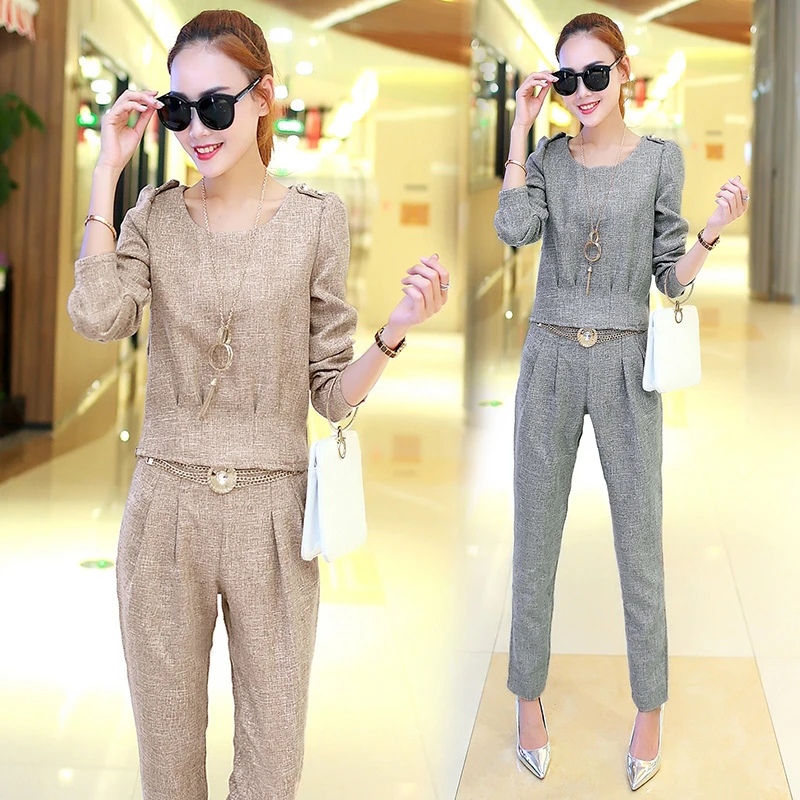 Ensemble Haut Et Pantalon Pour Femmes Mode Coreenne 2 Pieces Vetements De Loisirs Coton Et Lin Manches Longues Pantalon Nouvelle Collection Aliexpress