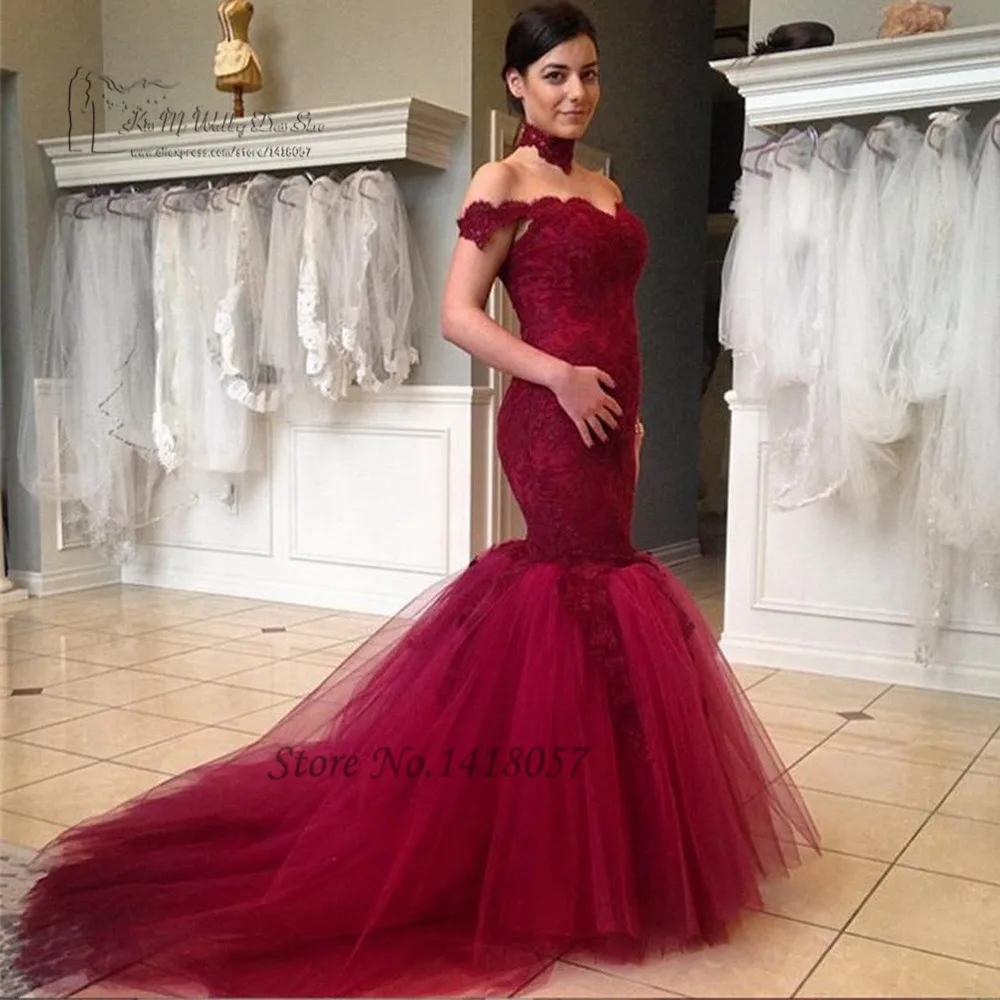 12424 20 De Réductionrobe De Mariée Rouge Foncé Bordeaux Sirène épaule Dénudée Robes De Mariée Africaines Dentelle Robes De Mariée Sexy 2017