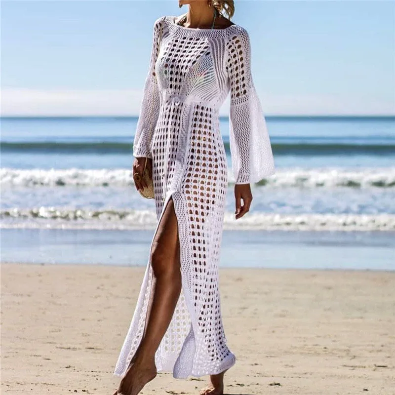 

2019 Sexy Knitted Bikini Cover-up Long Beach Dress White Crochet Bikini Covers-Up Beach Coat Swimsuit Cover-Ups Lace Beachwear