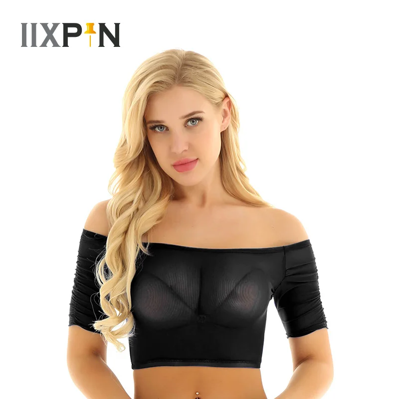 

IIXPIN Women Dancing Top Covers Ballet Costumes Tops Soft Mesh See Through Sheer Off the Shoulder Short Sleeves T-Shirt Crop Top