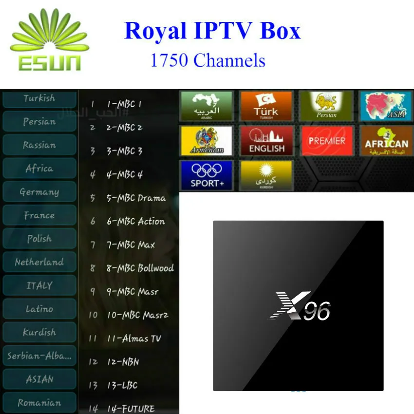 X96 Android IPTV box+Royal IPTV 1730+live channels arabic Europe iptv Netherland Sweden French S905X Quad Core TV Box Wifi 4K*2K