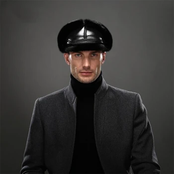 

IANLAN Luxury Genuine Mink Fur Peaked Cap Mens Winter Warm Real Sheep Leather Visors Bomber Hats with Earmuffs IL00232