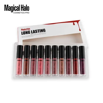 

Magical Halo 10Pcs/set Lot Colors Makeup Kit Matte Lipgloss Long Lasting Waterproof Metallic Beauty Lip Gloss Liquid Lipstick