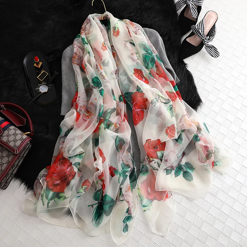

Ladies Fashion Luxury Brand Rose Floral Silk Chiffon Shawl Scarf Women High Qulaity Wraps and Hijabs Summer Sunscreen 190*135Cm