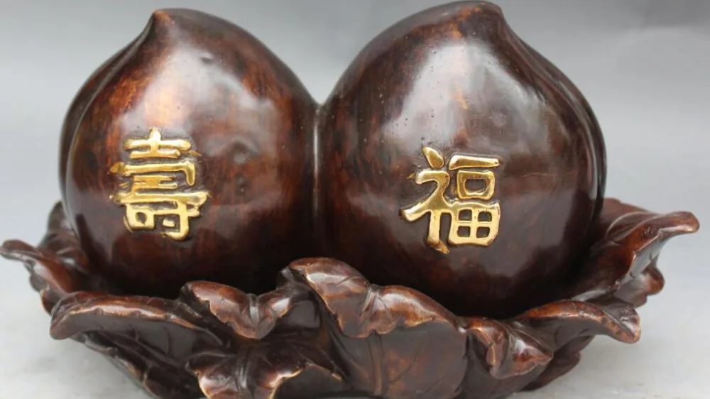 

12" Marked Chinese Bronze Gilt Auspicious Longevity Peach Leaf Statue Sculpture R0709 (B0413)