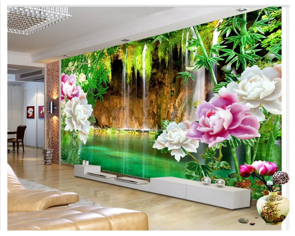 Beibehang нефритовый водяной занавес водопад бамбук пион декоративная настенная роспись за телевизор papel де parede обои для стен 3 d behang