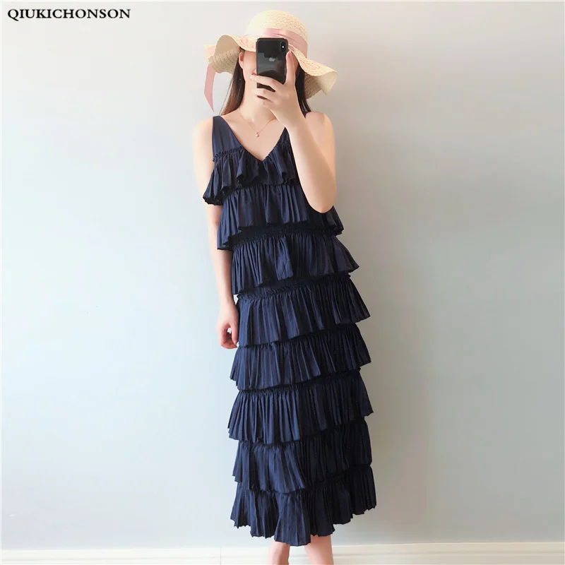 

4XL 5XL Plus Size Women Layered dress Summer Long Dress High Waist Backless V Neck Korean Style Women Sexy Spaghetti Strap Dress