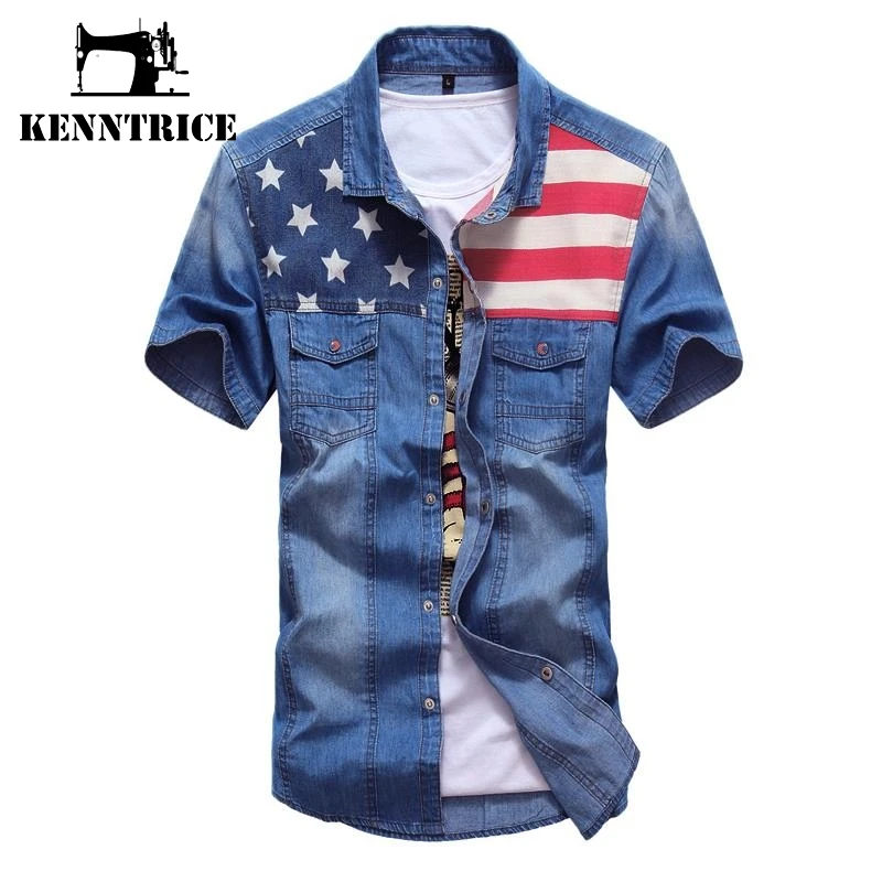 

Kenntrice Vintage Denim Shirt Short Sleeve Men's American Flag Blue Shirt Jeans Camisa Jeans masculina Spring Summer Shirt Male