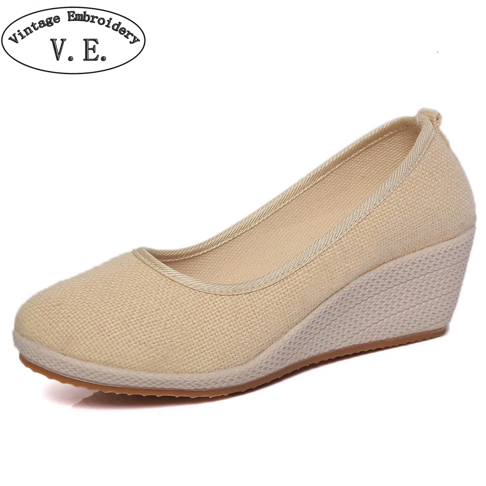

Chinese Women Pumps Ethnic Natural Linen Shoes 5cm Heel Retro Simple Cloth Canvas Wedges Shoes Woman Platforms Zapatos Mujer