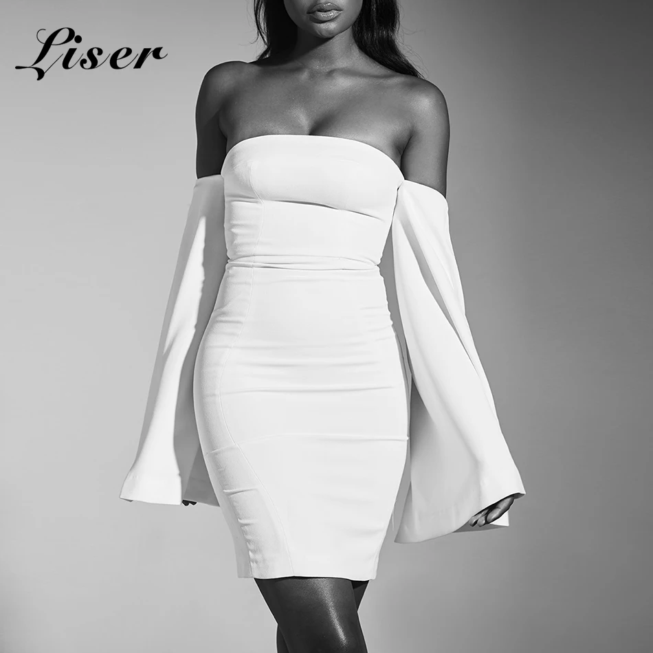 

Liser 2019 New Spring Women Dress Long Sleeves Strapless Dress Sexy Bodycon Chic Evening Party White Dresses Vestidos Wholesale