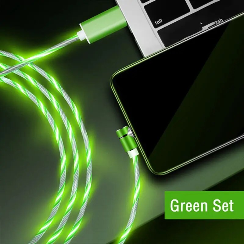 Светодиодный кабель Micro Usb с магнитом на 90 градусов, кабель Usb type C для Xiaomi Black Shark 2 LG G5 V30 Oppo A9 R17 Realme 3 Pro - Цвет: Green Set