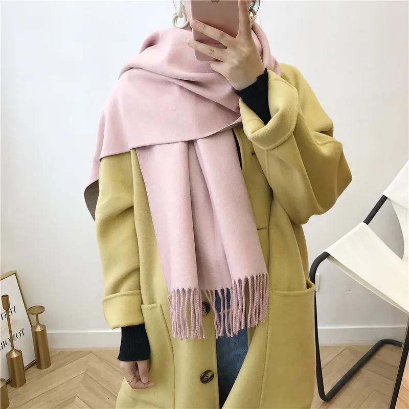 Female new 10 colors tassel scarf monochrome double-sided warm shawl imitation cashmere bib