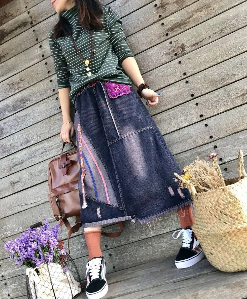 Original spring new literary retro embroidered patch edging tassel denim skirt long skirt female tide