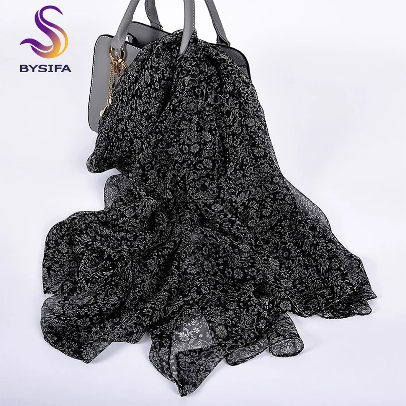 

[BYSIFA] Ladies Black White Florals Scarves Echarpe Summer Beach Shawl Cover-up Bufand Fall Winter Brand Long Neck Scarves Wraps