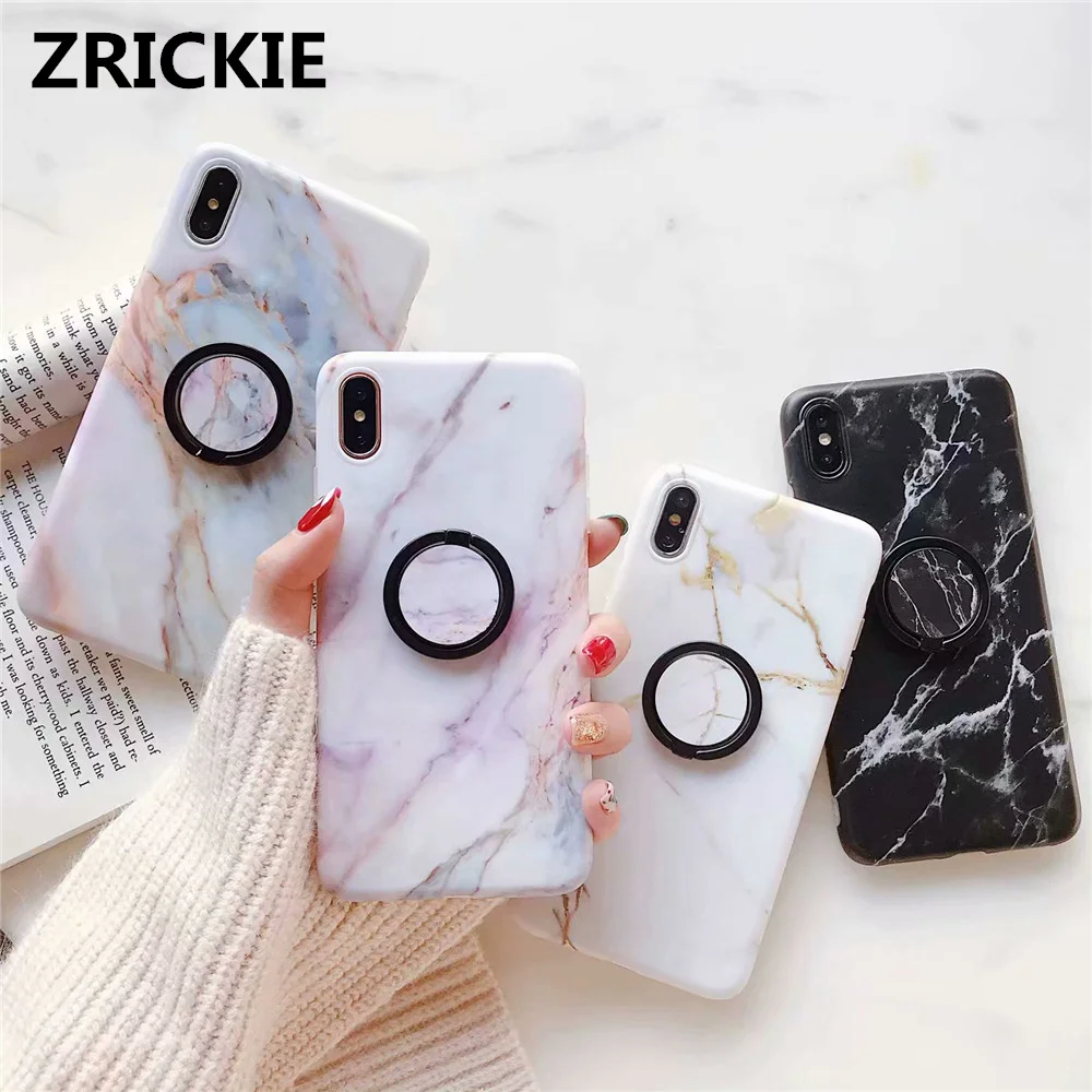 

ZRICKIE Marble Metal Finger Ring Stand Phone Case for iPhone 7 8 6 6S Plus Soft TPU IMD Cover for iPhone X XR XS Max Stand Coque