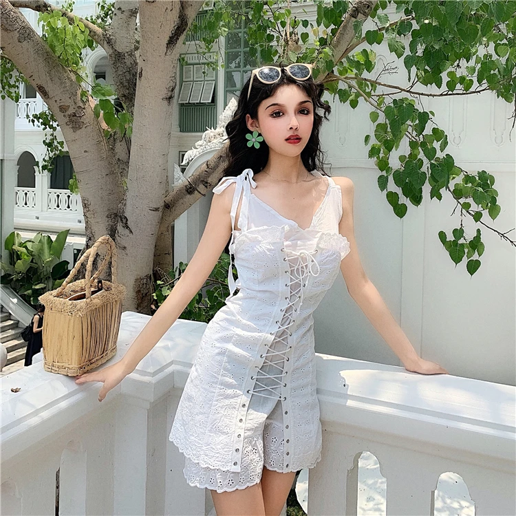 

summer style vintage a-line sleeveless lace v-neck bandage bodycon off shoulder dress Women's Clothing 2019 simple white new