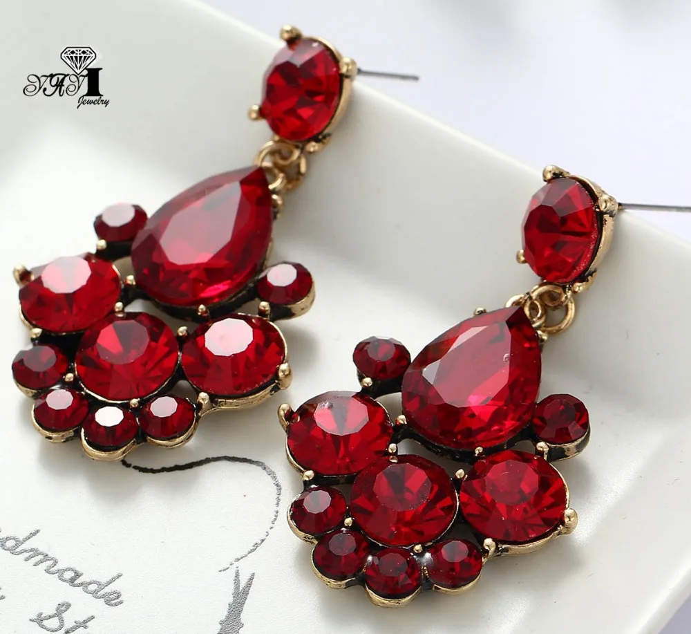 YaYi Jewelry New Red Glass Gray Rhinestone Dangle Crystal Earring Women's Fashion Ancient Gold Color Gem Earrings 1164