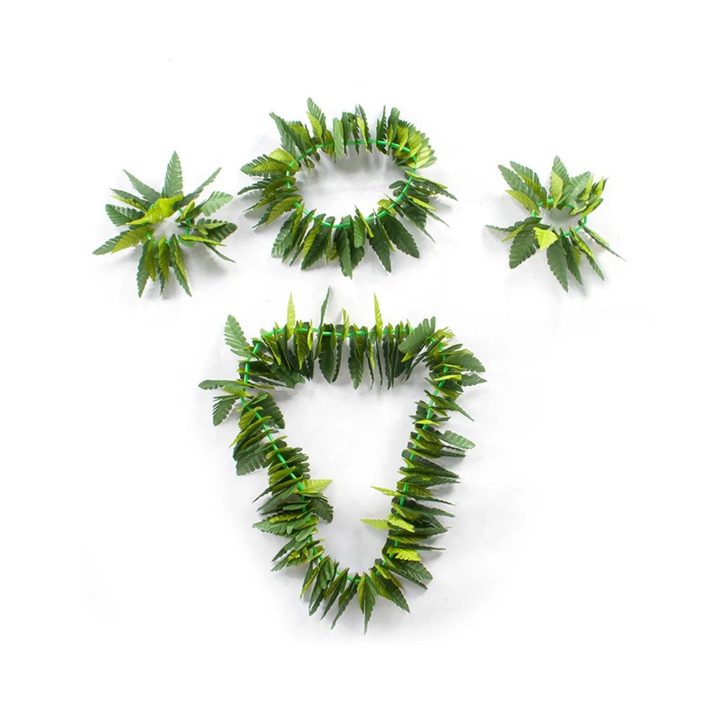 

4pcs/set Hawaiian Artificial Leaf Garland Necklace Bracelet Fancy Dress Wedding Party Hawaii Beach Decor Costume Wristband Plant