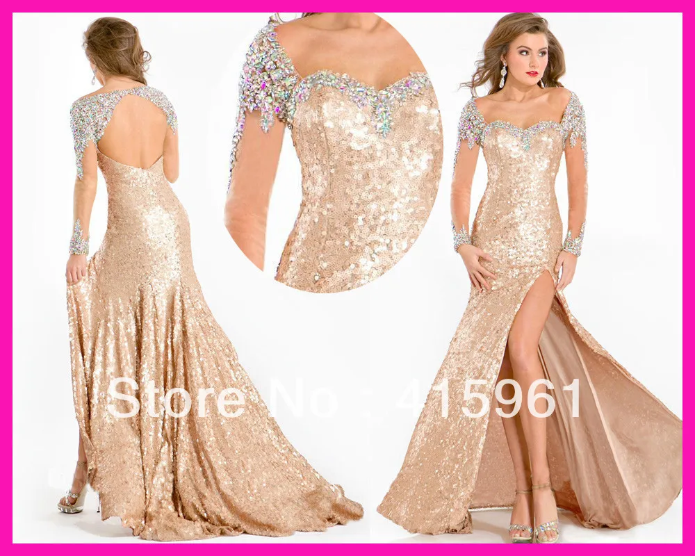 

2014 Gold Sexy Backless Long Sleeve Sequined Mermaid Pageant Prom Evening Dresses E3894