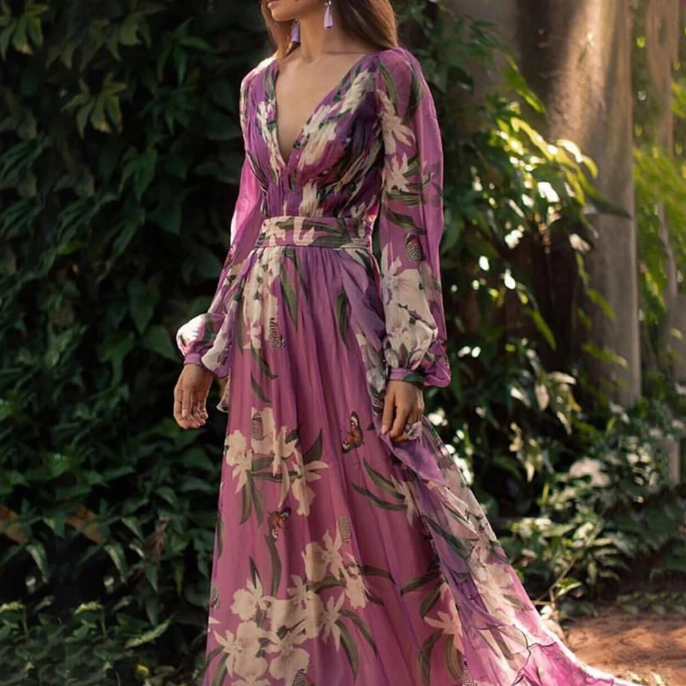 Bohemian Summer Women Dress Maxi Long Sleeve Purple Floral Print Casual Party Beachwear V-neck Vestidos Sexy Boho Long Dresses