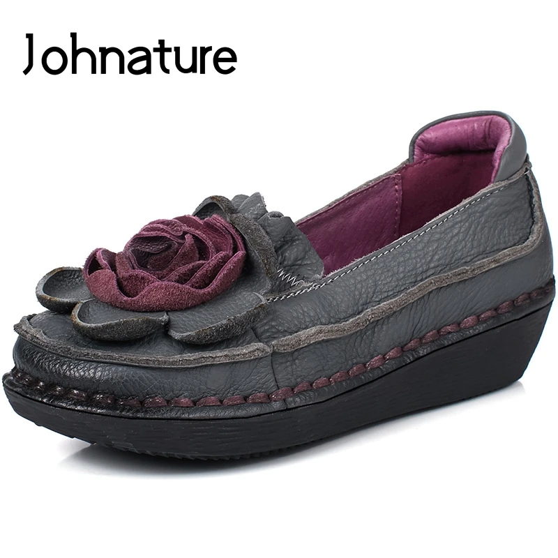 

Johnature 2019 New Spring/Autumn Genuine Leather Round Toe Casual Retro Floral Sewing Shallow Slip-on Platform Women Shoes