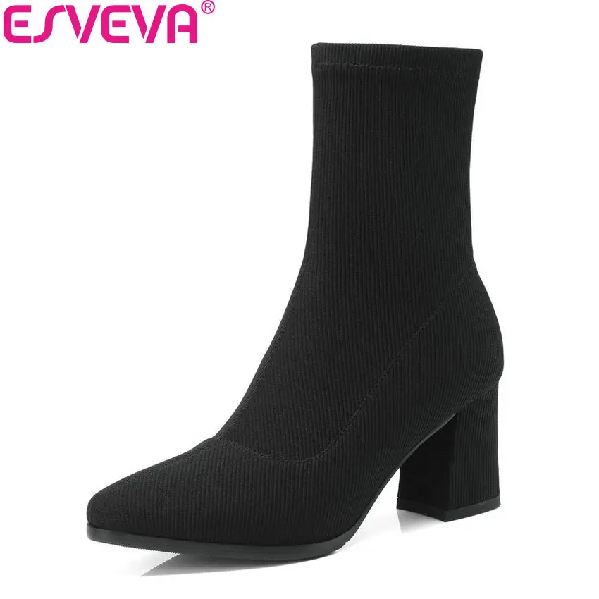 

ESVEVA 2019 Women Boots Square High Heels Mid-calf Boots Western Style Slip on Autumn Shoes Pointed Toe Boots Woman Size 34-42