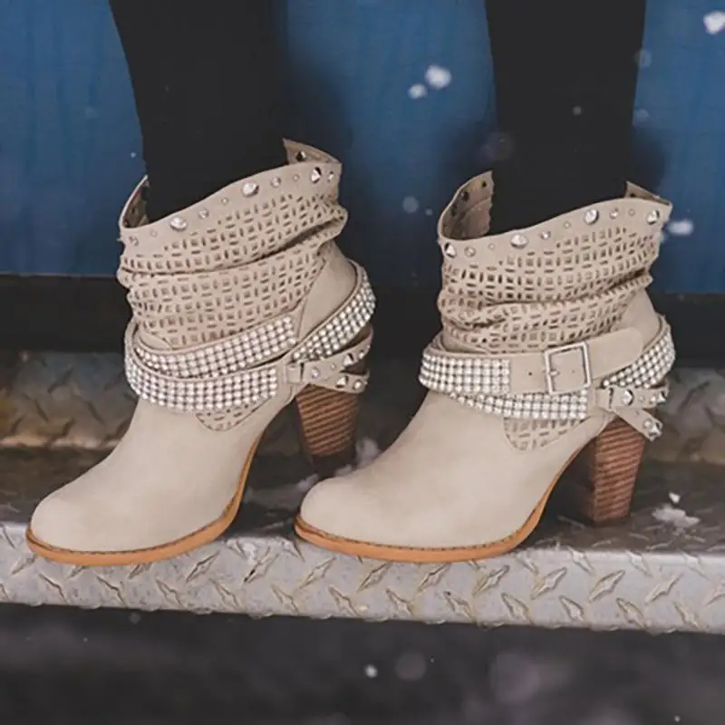 MoneRffi осенне-зимние ботинки женские ботильоны на толстом каблуке, цвета: верблюжий, черный, женская обувь без шнуровки Bota Feminina, Размеры 35-43 - Цвет: Бежевый