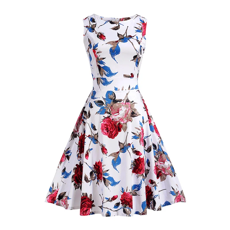Kostlish Print Summer Dress Women 2017 Sleeveless Big Swing Belt Tunic Vintage Dress Elegant Rockabilly Party Dresses Sundress (3)