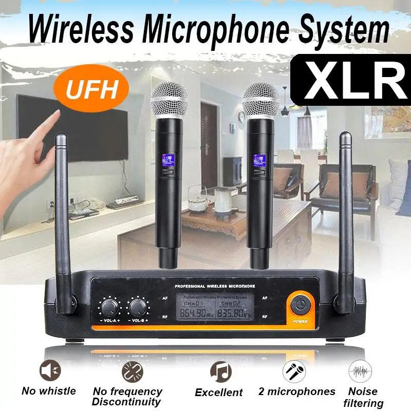 

Professional UHF Wireless Microphone System Dual Channel Cordless Handheld Mic Kraoke Speech Party supplies Cardioid Microphone