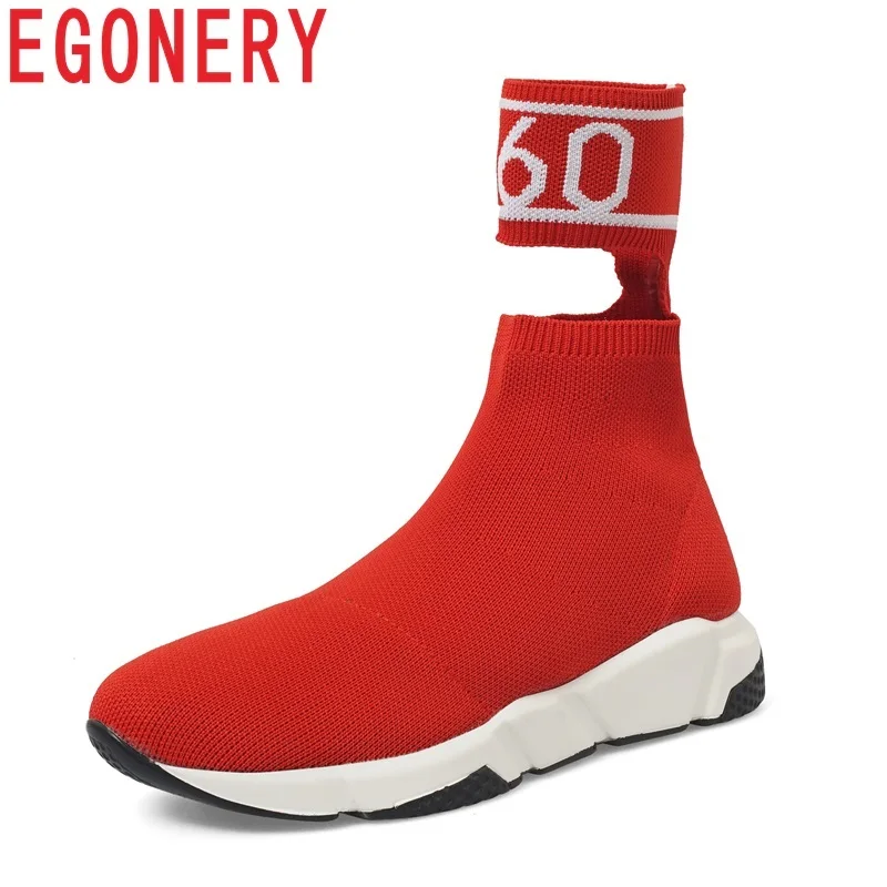 

EGONERY newest mixed colors round toe slip-on knitying women shoes low wedges platform large size concise casual ankle boots