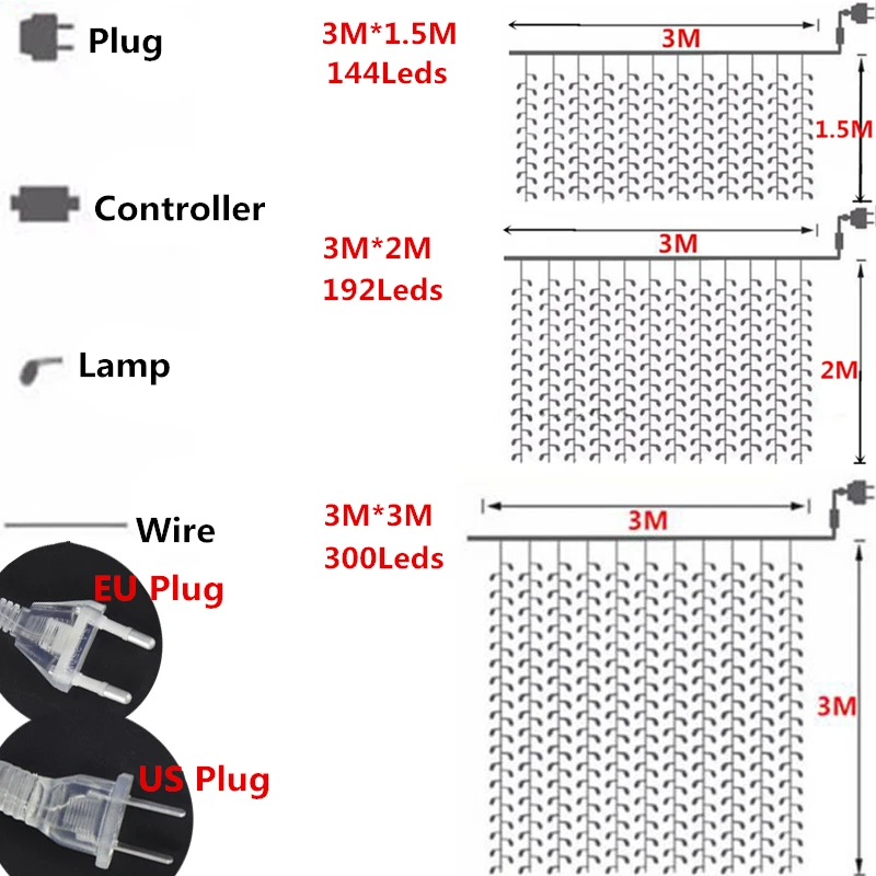 СВЕТОДИОДНАЯ Гирлянда AIFENG, 3 м x 1,5 м, 3 м x 2 м, 3 м x 3 м, 144Led, 192Led, 300Led, СВЕТОДИОДНАЯ Гирлянда для рождества, свадьбы, праздника