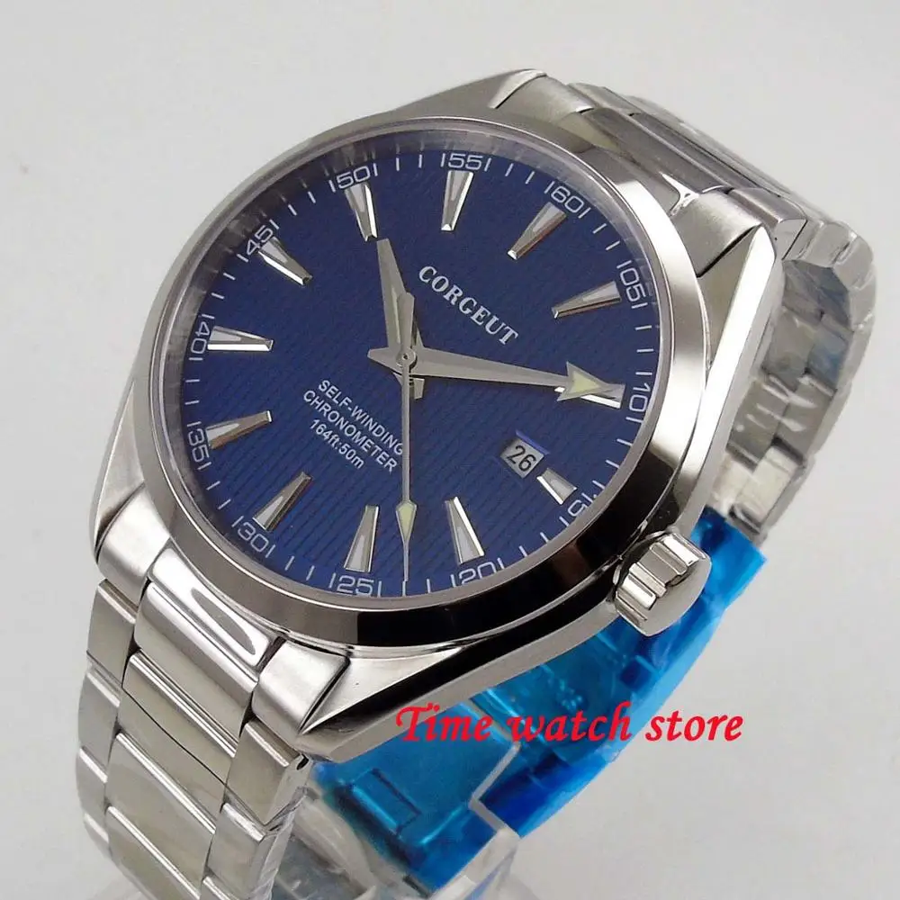 41mm Corgeut Miyota 8215 5ATM automatic men's watch steel Polished date luminous sapphire glass - Цвет: Blue Standard