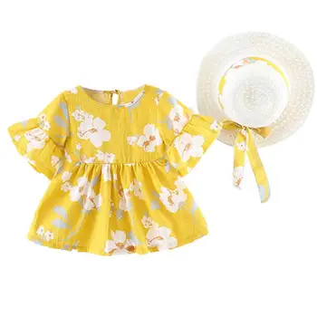 

Infant Baby Dresses Girl Flare Sleeve Flower Print Princess Dress Hat Cap Outfits New Korean Version Of The Flower Dress A1
