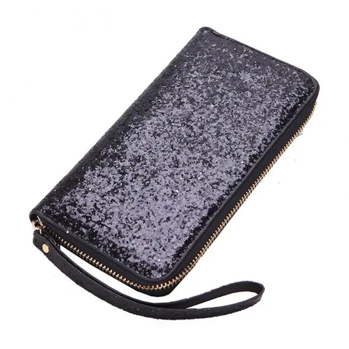 Hot Selling Women Long Wallet Sparkly Sequins PU Leather Bag Hand-held Phone Card Holder-B5