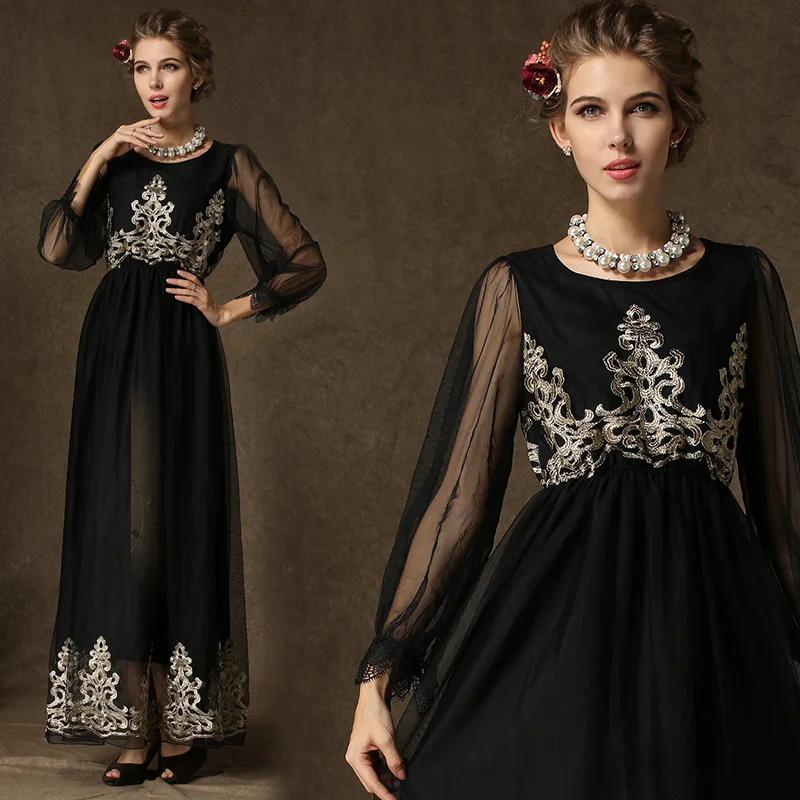 2019 New Arrivals Scoop Golden Embroidery Pattern Appliqued Full Sleeve Ankle-Length Chiffon Muslim Evening Dress Plus Size | Свадьбы и